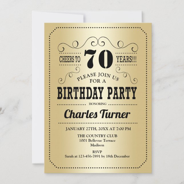 70th Birthday Party - Gold Black Invitation (Front)
