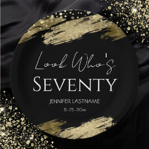 70th Birthday Party Gold Black Look Who's Paper Plates