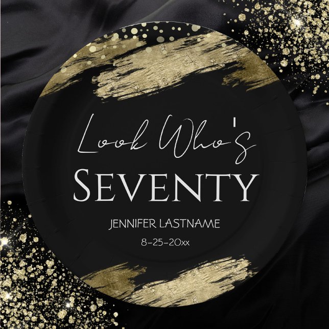 70th Birthday Party Gold Black Look Who's Paper Plates (Creator Uploaded)