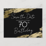 70th Birthday Party Gold Black Save the Date Postcard<br><div class="desc">Elegant Faux gold foil paint splatters design. All text is adjustable and easy to change for your own party needs. Great elegant 70th birthday template design. Save the Date</div>