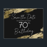 70th Birthday Party Gold Black Save the Date Postcard<br><div class="desc">Elegant Faux gold foil paint splatters design. All text is adjustable and easy to change for your own party needs. Great elegant 70th birthday template design. Save the Date</div>