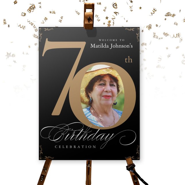 70th Birthday Party Gold Black Welcome Sign Board (70th Birthday Party Gold Black Welcome Sign Board 
 calligraphy script font. Printed on both sides)