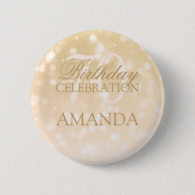 70th Birthday Party Gold Bokeh Sparkle Lights Pinback Button (Front)