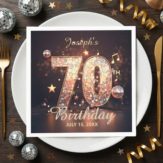 70th Birthday Party Gold Disco Music Notes Black Napkins (Creator Uploaded)