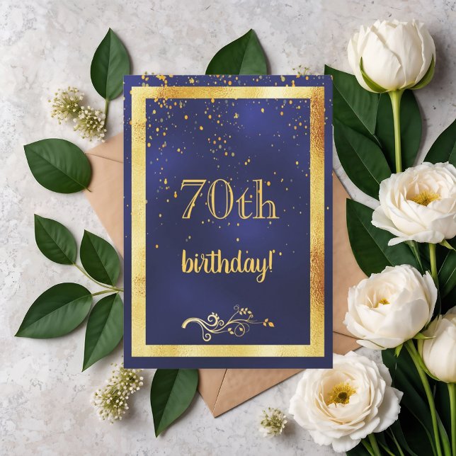 70th birthday party gold frame blue invitation (Creator Uploaded)