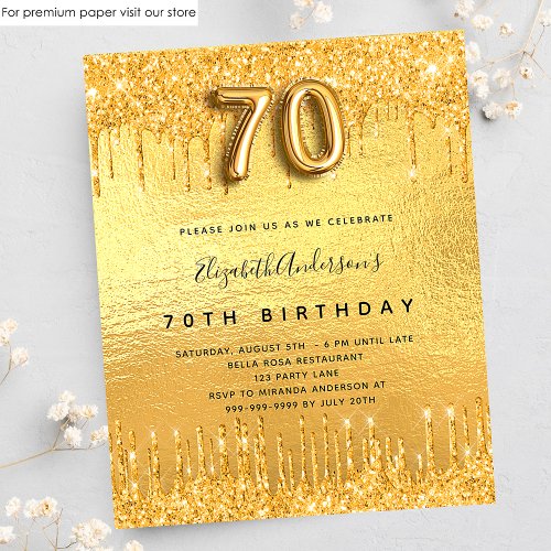 70th birthday party gold glitter budget invitation flyer