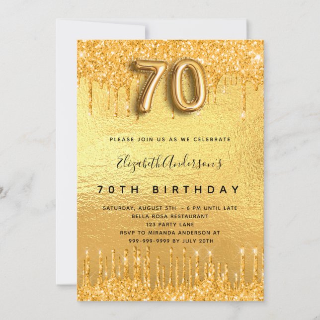 70th birthday party gold glitter drips invitation (Front)
