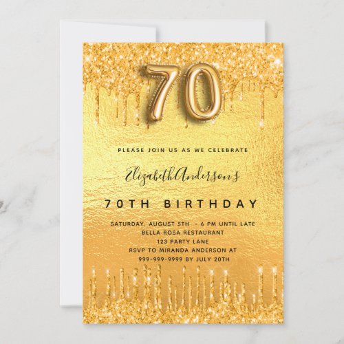 70th birthday party gold glitter drips invitation