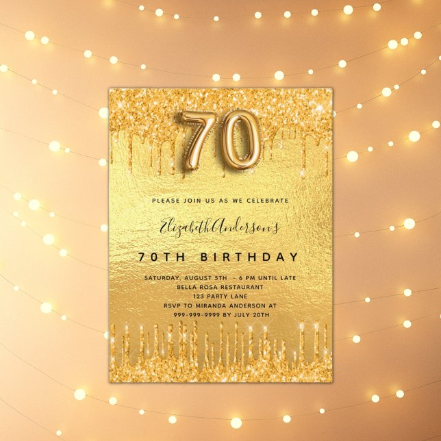 70th birthday party gold glitter drips invitation postcard (Creator Uploaded)
