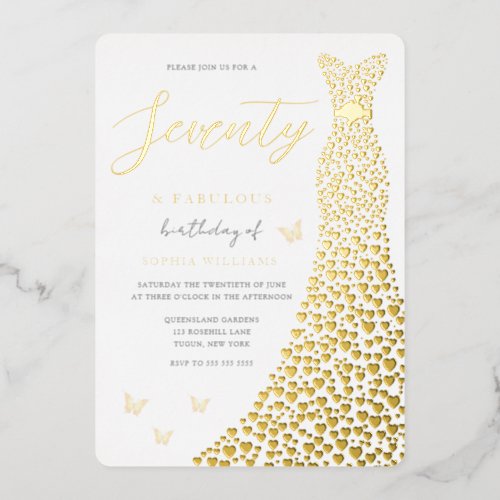 70th Birthday Party Gold Heart Dress Real Foil Invitation