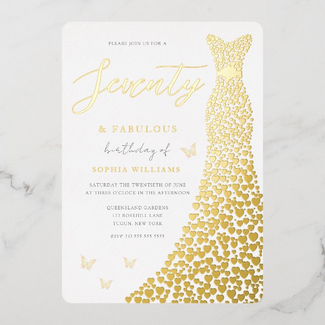 70th Birthday Party Gold Heart Dress Real Foil Invitation (Front)