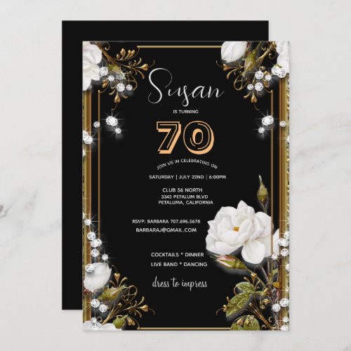 70th BirthdayParty Gold Ornate Frame White Flower Invitation