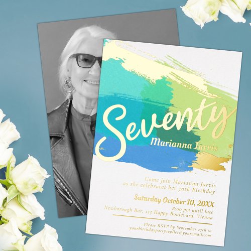 70th Birthday party gold photo blue green abstract Foil Invitation