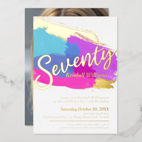 70th Birthday party gold photo bright abstract art Foil Invitation