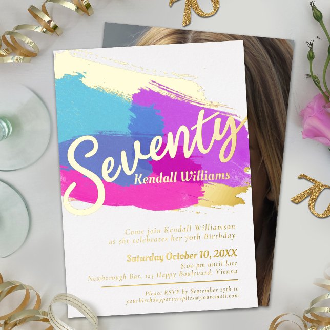 70th Birthday party gold photo bright abstract art Foil Invitation (Creator Uploaded)