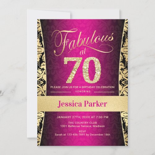 70th Birthday Party _ Gold Pink Black Invitation