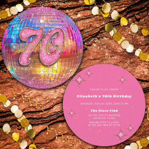 70th Birthday Party Gold Pink Glitter Disco Ball Invitation