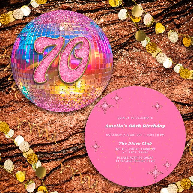 70th Birthday Party Gold Pink Glitter Disco Ball Invitation (Front/Back)
