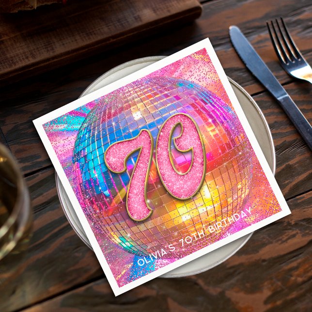 70th Birthday Party Gold Pink Glitter Disco Ball Napkins (Creator Uploaded)