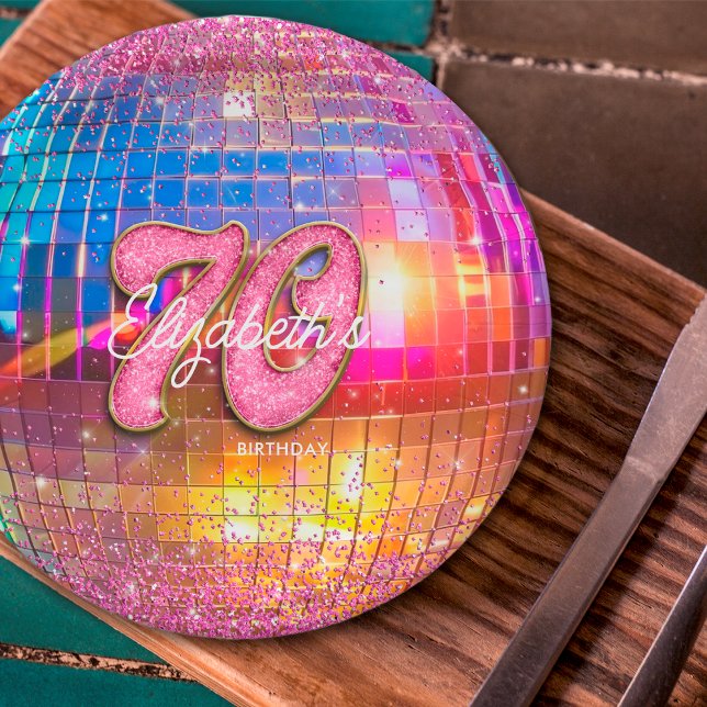 70th Birthday Party Gold Pink Glitter Disco Ball Paper Plates (Creator Uploaded)