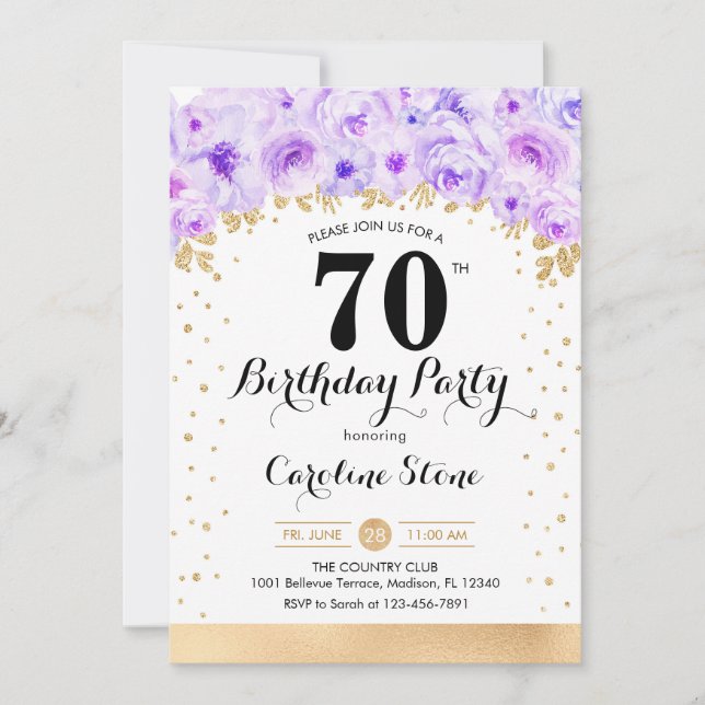 70th Birthday Party - Gold Purple Flowers Invitation (Front)