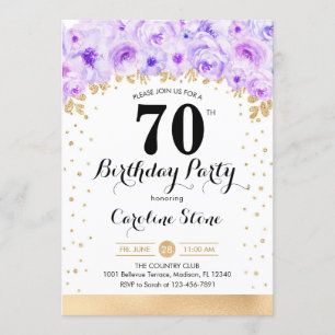 70th Birthday Party - Gold Purple Flowers Invitation