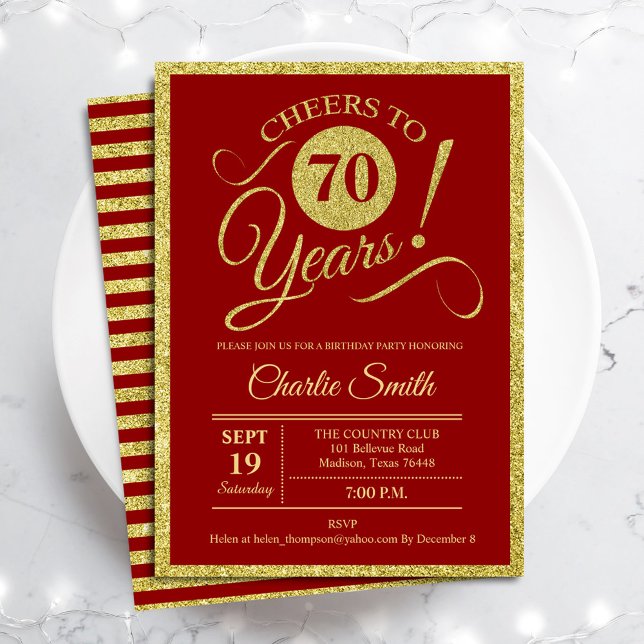 70th Birthday Party - Gold Red ANY AGE Invitation (Creator Uploaded)