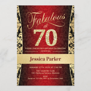 70th Birthday Party - Gold Red Black Invitation