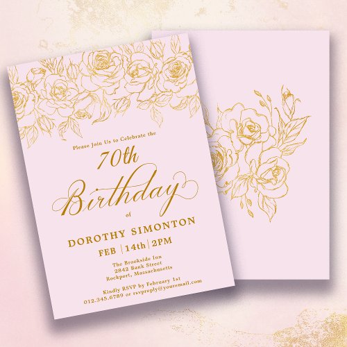70th Birthday Party Gold Rose Floral Blush Pink Invitation