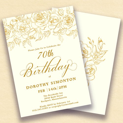 70th Birthday Party Gold Rose Floral Ivory White Invitation