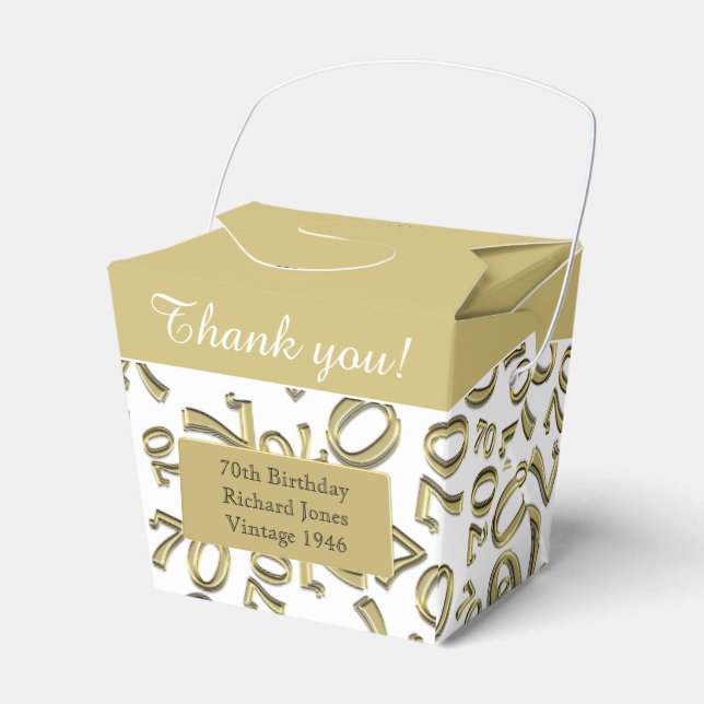 70th Birthday Party Gold/White Number Pattern Favor Boxes (Front Side)