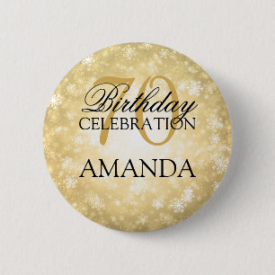 70th Birthday Party Gold Winter Wonderland Button