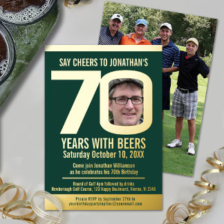 70th Birthday party golf beers green gold photos Foil Invitation