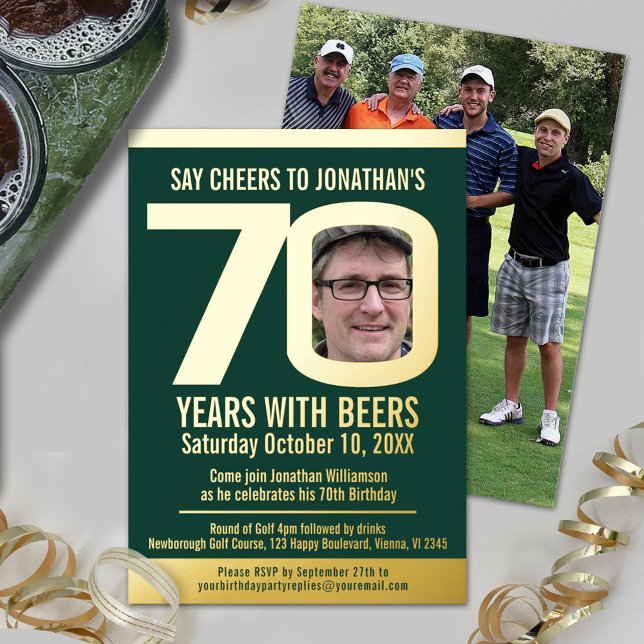 70th Birthday party golf beers green gold photos Foil Invitation (Creator Uploaded)