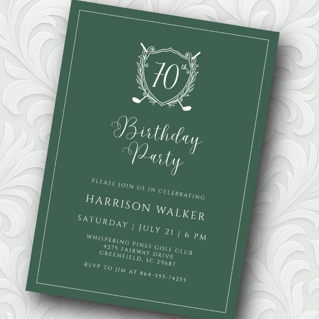 70th Birthday Party Golf Crest Elegant Script Sage Invitation (Script font adds just the right touch of elegance. )