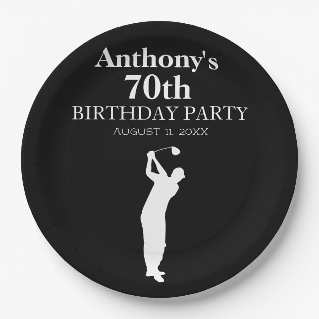 70th Birthday Party Golfer Black Par Seventieth  Paper Plates (Front)