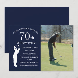70th Birthday Party Golfer Blue Par Golf Photo Invitation