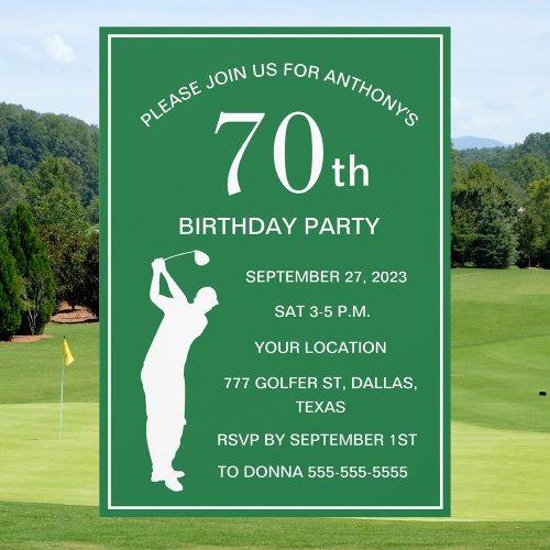 70th Birthday Party Golfer Green Par Dad Golf Invitation