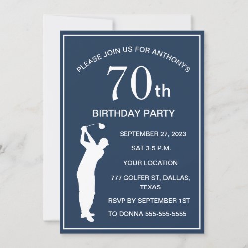 70th Birthday Party Golfer Navy Blue Par Dad Golf Invitation