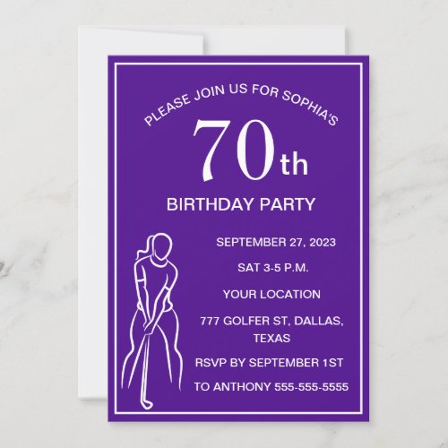 70th Birthday Party Golfer Purple Par Ladies Golf Invitation