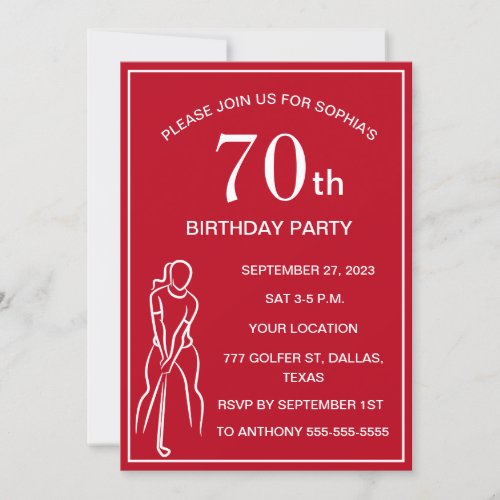 70th Birthday Party Golfer Red Ladies Golf Par Invitation