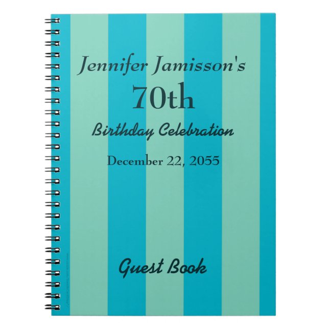 70th Birthday Party Guest Book Blue & Green Stripe (Front)
