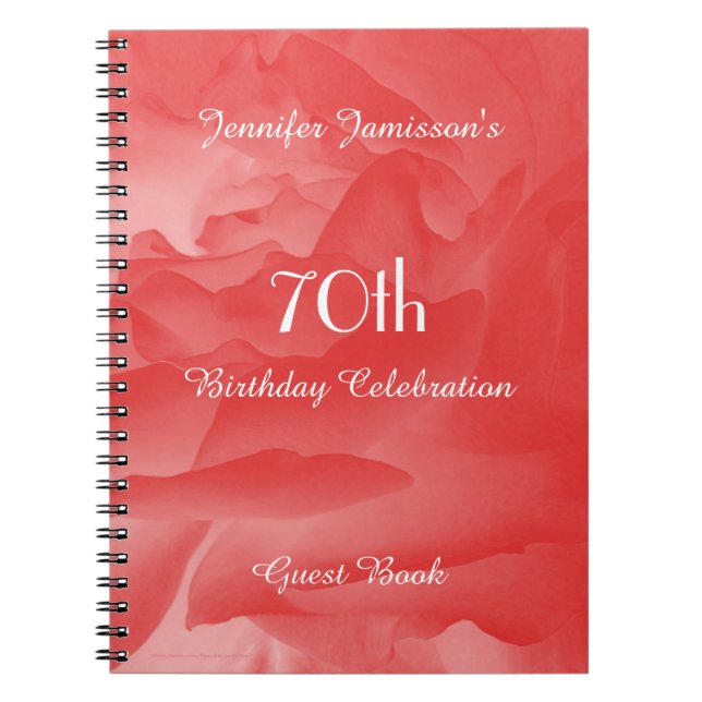 70th Birthday Party Guest Book, Coral Pink Rose Notebook (Front)