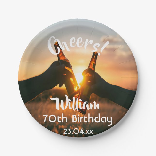 70th birthday party guys cheers beer paper plates (Front)