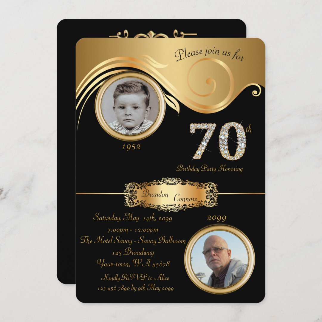 70th Birthday Party Invitation Black And Gold Invitation Zazzle