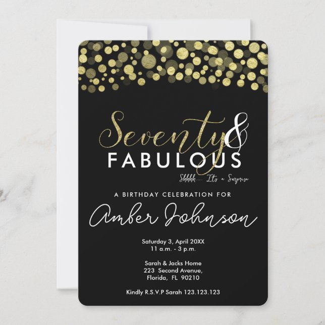 70th birthday party invitation, black and gold invitation (Front)