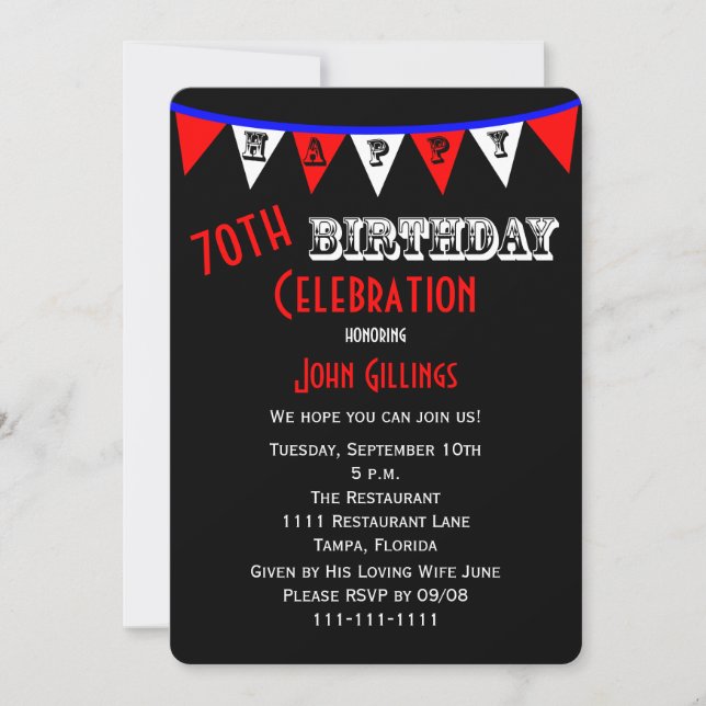 70th Birthday Party Invitation Bunting (Front)