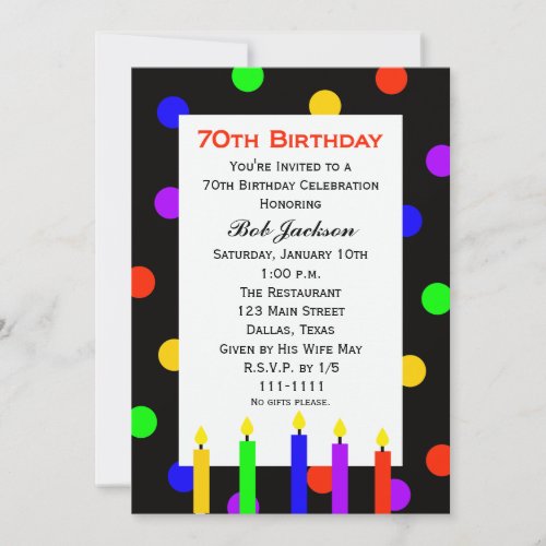 70th Birthday Party Invitation -- Candles and Dots