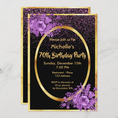 70th birthday party invitation gold and black