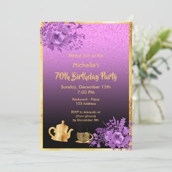 70th birthday party invitation gold black purple | Zazzle